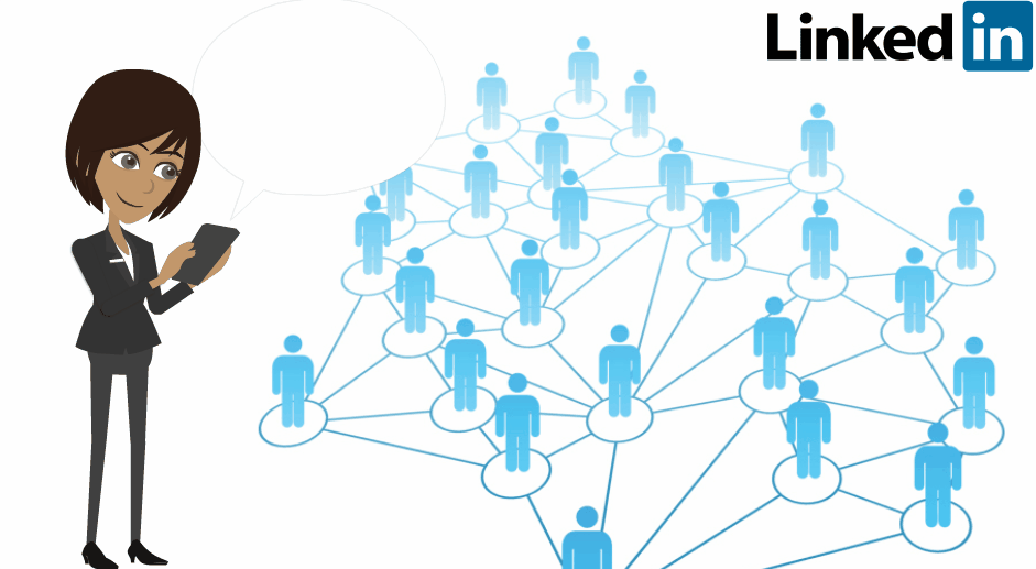 Jane stands next to a picture of people connected in an online network