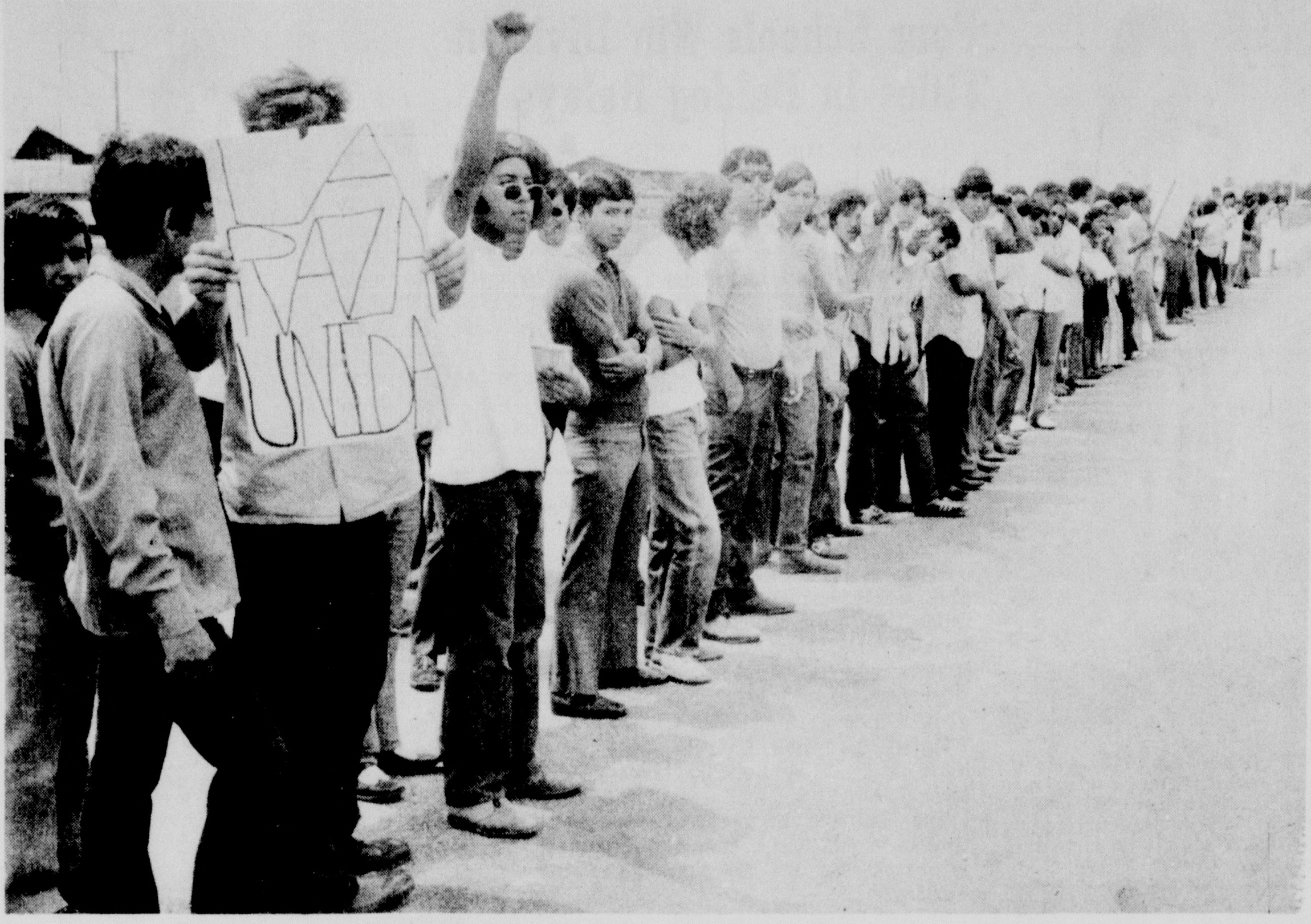 A line of protesting students holding signs and raising fists