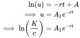 \begin{align*} \ln(u)&=-rt+A\\ \implies u&=A_1e^{-rt}\\ \implies \ln\left(\frac{K}{c}\right)&=A_1e^{-rt} \end{align*}