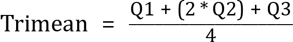 <mml:math xmlns:mml="http://www.w3.org/1998/Math/MathML" xmlns:m="http://schemas.openxmlformats.org/officeDocument/2006/math" display="block"><mml:mi mathvariant="normal">T</mml:mi><mml:mi mathvariant="normal">r</mml:mi><mml:mi mathvariant="normal">i</mml:mi><mml:mi mathvariant="normal">m</mml:mi><mml:mi mathvariant="normal">e</mml:mi><mml:mi mathvariant="normal">a</mml:mi><mml:mi mathvariant="normal">n</mml:mi><mml:mo>=</mml:mo><mml:mfrac><mml:mrow><mml:mi mathvariant="normal">Q</mml:mi><mml:mn>1</mml:mn><mml:mo>+</mml:mo><mml:mfenced separators="|"><mml:mrow><mml:mn>2</mml:mn><mml:mi mathvariant="normal">*</mml:mi><mml:mi mathvariant="normal">Q</mml:mi><mml:mn>2</mml:mn></mml:mrow></mml:mfenced><mml:mo>+</mml:mo><mml:mi mathvariant="normal">Q</mml:mi><mml:mn>3</mml:mn></mml:mrow><mml:mrow><mml:mn>4</mml:mn></mml:mrow></mml:mfrac></mml:math>