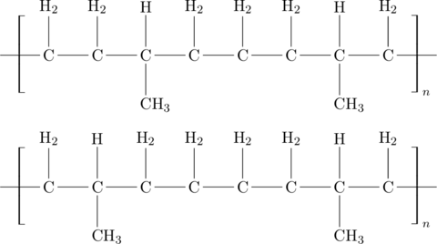 \begin{array}{c}\chemfig{-[@{left,0.5}]C(-[:90]H_2)-C(-[:90]H_2)-C(-[:90]H)(-[:-90]CH_3)-C(-[:90]H_2)-C(-[:90]H_2)-C(-[:90]H_2)-C(-[:90]H)(-[:-90]CH_3)-C(-[:90]H_2)-[@{right,0.5}]} \polymerdelim[delimiters={[]},height=25 pt]{left}{right} \\ \\ \chemfig{-[@{left,0.5}]C(-[:90]H_2)-C(-[:90]H)(-[:-90]CH_3)-C(-[:90]H_2)-C(-[:90]H_2)-C(-[:90]H_2)-C(-[:90]H_2)-C(-[:90]H)(-[:-90]CH_3)-C(-[:90]H_2)-[@{right,0.5}]} \polymerdelim[delimiters={[]},height=25 pt]{left}{right} \end{array}