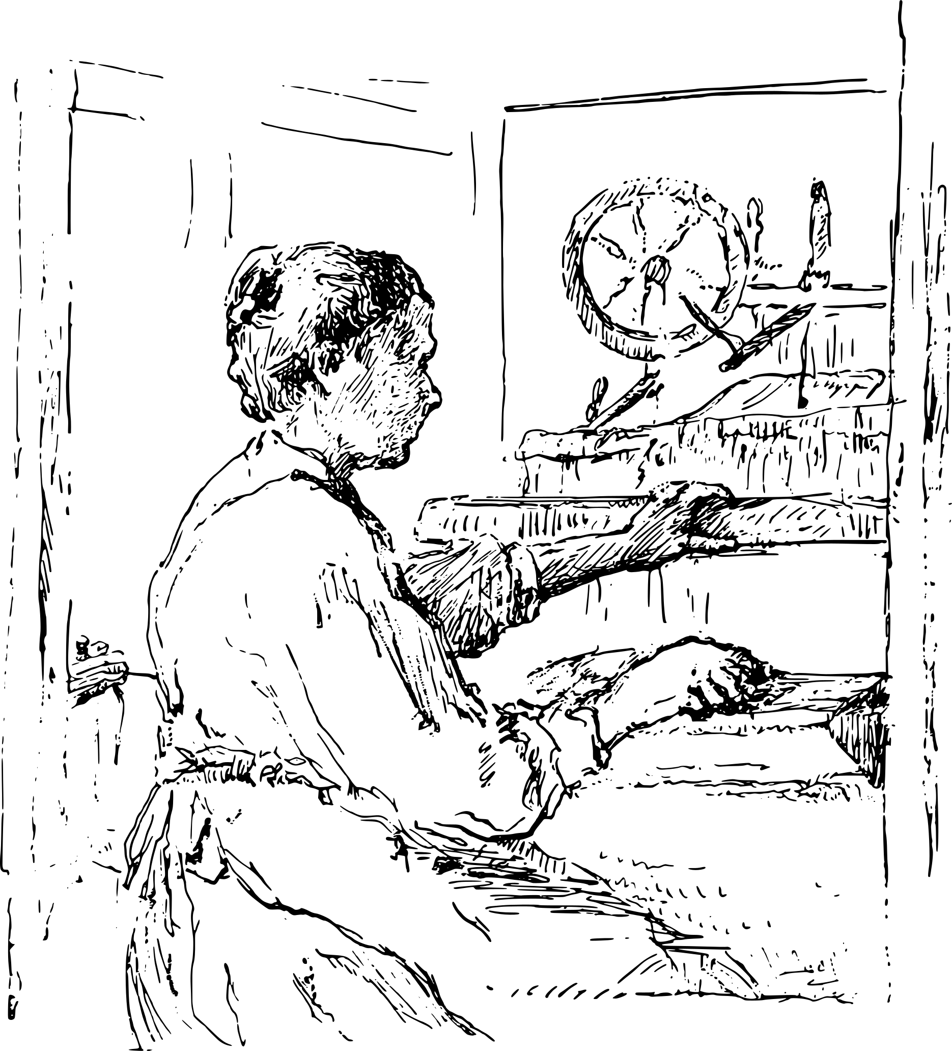 An illustration of a woman at a spinning wheel.