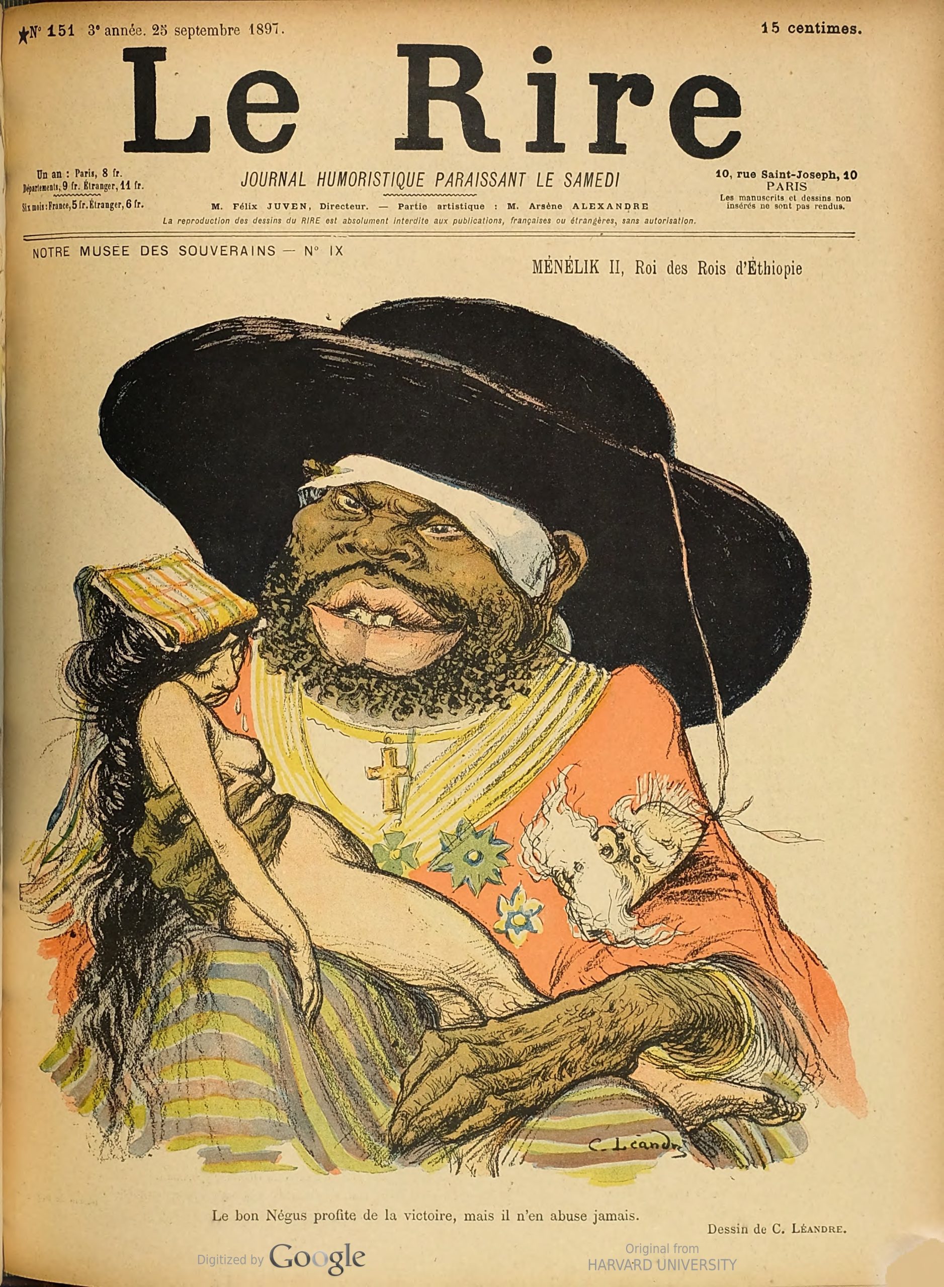 French artist Charles Leandre,) painted the caricature of Menelik. Below the picture the artist wrote, “The benevolent Negus [i.e., King] takes advantage of the victory, but he never abuses it.” The underlying message is that the “beastly” and “barbarian” king is going to shame Europe (i.e., Italy), here represented by the helpless, naked woman clutched in his monster-like hands.