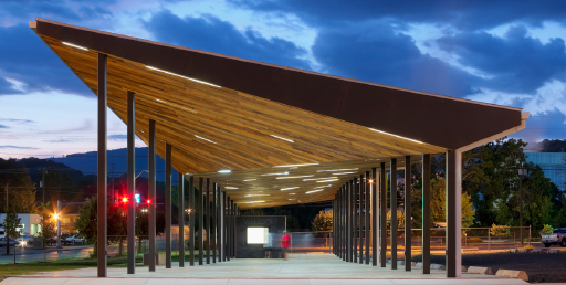 Dusk shot of pavilion with LED lighting integrated into the ceiling.