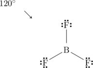 \begin{matrix} 120^{\circ}&& \\ &\searrow & \\ &&\chemfig{\Lewis{2:4:6:,F}-[:30]B(-[:-30]\Lewis{0:2:6:,F})-[:90]\Lewis{0:2:4:,F}} \end{matrix}