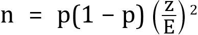 <mml:math xmlns:mml="http://www.w3.org/1998/Math/MathML" xmlns:m="http://schemas.openxmlformats.org/officeDocument/2006/math" display="block"><mml:mi mathvariant="normal">n</mml:mi><mml:mo>=</mml:mo><mml:mi mathvariant="normal">p</mml:mi><mml:mfenced separators="|"><mml:mrow><mml:mn>1</mml:mn><mml:mo>-</mml:mo><mml:mi mathvariant="normal">p</mml:mi></mml:mrow></mml:mfenced><mml:msup><mml:mrow><mml:mfenced separators="|"><mml:mrow><mml:mfrac><mml:mrow><mml:mi mathvariant="normal">z</mml:mi></mml:mrow><mml:mrow><mml:mi mathvariant="normal">E</mml:mi></mml:mrow></mml:mfrac></mml:mrow></mml:mfenced></mml:mrow><mml:mrow><mml:mn>2</mml:mn></mml:mrow></mml:msup></mml:math>