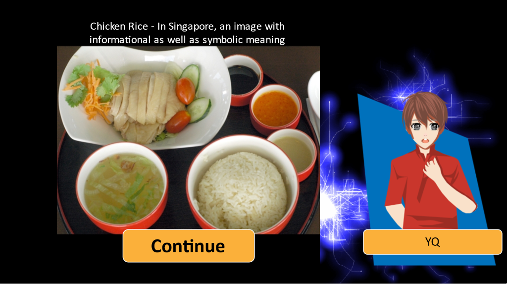 Game interface of the picture reveal after all quiz questions have been answered correctly. It is a picture of a popular local dish in Singapore, chicken rice. The words read: “Chicken rice – in Singapore an image with informational as well as symbolic meaning”.
