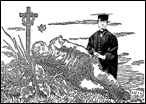 Political activist Bella Guerin wearing her academic regalia kneels next to a boy sleeping on a grave. 