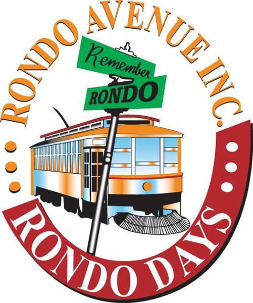 Red and yellow circular logo picturing a streetcar and a street sign that says Remember Rondo.