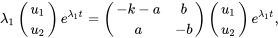 \begin{equation} \lambda_1\left(\begin{array}{c}u_1\\u_2\end{array}\right)e^{\lambda_1 t}=\left(\begin{array}{cc}-k-a &b\\a & -b\end{array}\right)\left(\begin{array}{c}u_1\\u_2\end{array}\right)e^{\lambda_1 t}, \end{equation}