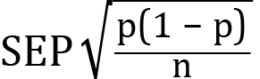<mml:math xmlns:mml="http://www.w3.org/1998/Math/MathML" xmlns:m="http://schemas.openxmlformats.org/officeDocument/2006/math" display="block"><mml:mi mathvariant="normal">S</mml:mi><mml:mi mathvariant="normal">E</mml:mi><mml:mi mathvariant="normal">P</mml:mi><mml:msqrt><mml:mfrac><mml:mrow><mml:mi mathvariant="normal">p</mml:mi><mml:mo>(</mml:mo><mml:mn>1</mml:mn><mml:mo>-</mml:mo><mml:mi mathvariant="normal">p</mml:mi><mml:mo>)</mml:mo></mml:mrow><mml:mrow><mml:mi mathvariant="normal">n</mml:mi></mml:mrow></mml:mfrac></mml:msqrt></mml:math>