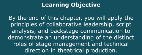 Blue box with white text reading Learning Objective By then end of this chapter you will apply the elements and principles of design to scenic design and incorporate workshop safety into scenic construction.