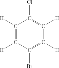 \chemfig{C*6((-H)-C(-Br)=C(-H)-C(-H)=C(-Cl)-C(-H)=)}