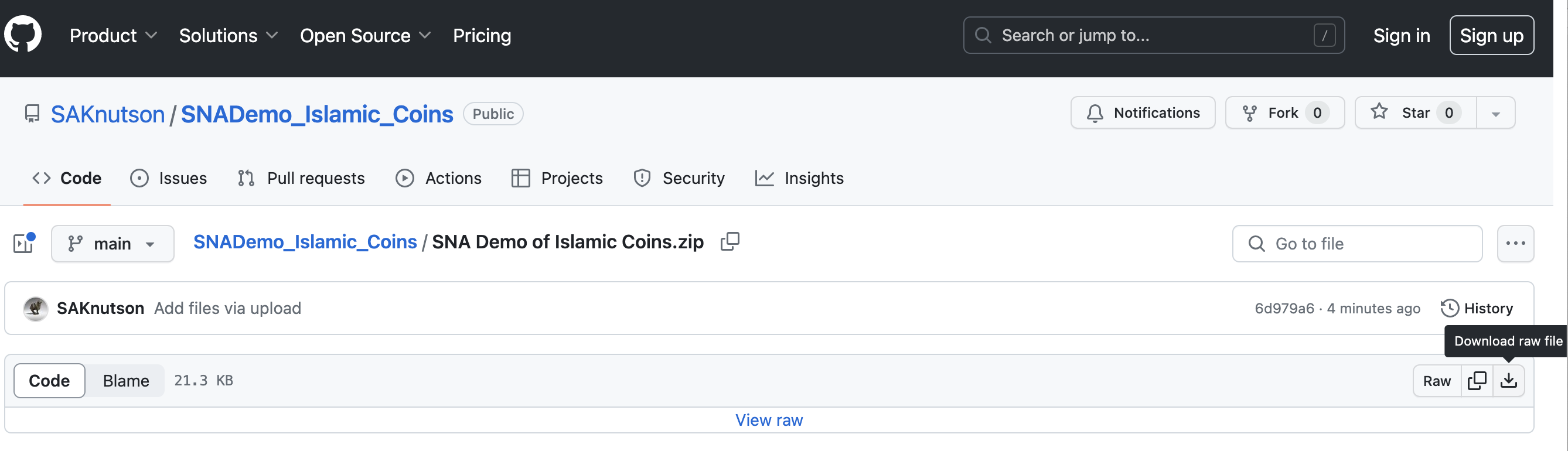 A screenshot of the zip folder’s location on Github.