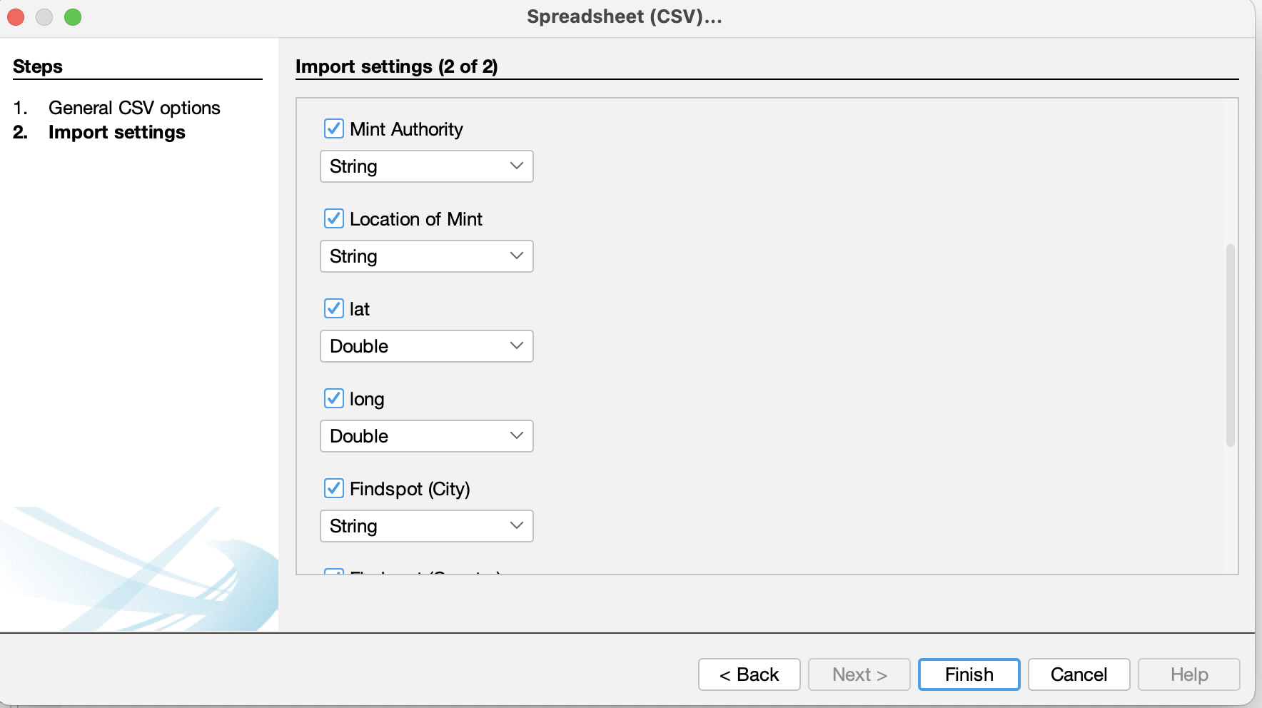 A screenshot of the second page of the “import spreadsheet” process on Gephi. Image includes the categories of “mint authority” (labeled as a string), “location of mint” (labeled as a string), “lat” (labeled as double), “long” (labeled as double), and “Findspot (city)” (labeled as a string). 