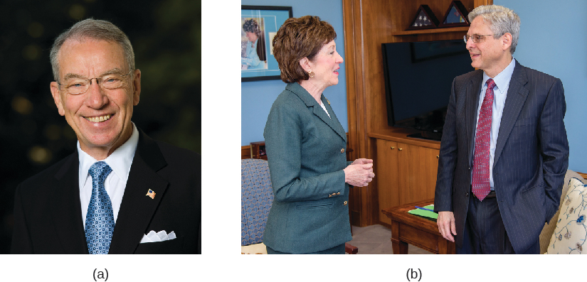Image A is of Chuck Grassley. Image B is of Merrick Garland and Susan Collins.