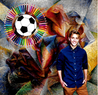 Schoolcraft College student Tanner Brose stands in front of a soccer ball sun. The sun’s rays are colored pencils.