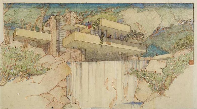 Frank Lloyd Wright, Fallingwater (Edgar J. Kaufmann House), Mill Run, Pennsylvania, 1935, Color pencil on tracing paper, 15-3/8 x 27-1/4 inches, , © The Frank Lloyd Wright Foundation