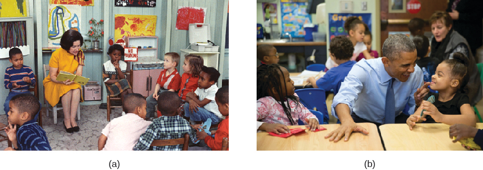Image A shows Lady Bird Johnson reading to a group of young children. Image B shows Barack Obama sitting at a desk with a couple of elementary school students.