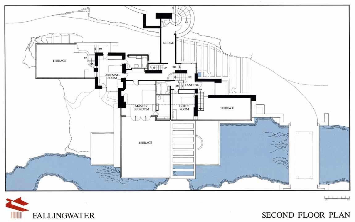 A floorplan of Fallingwater, a Frank Lloyd Wright home. 