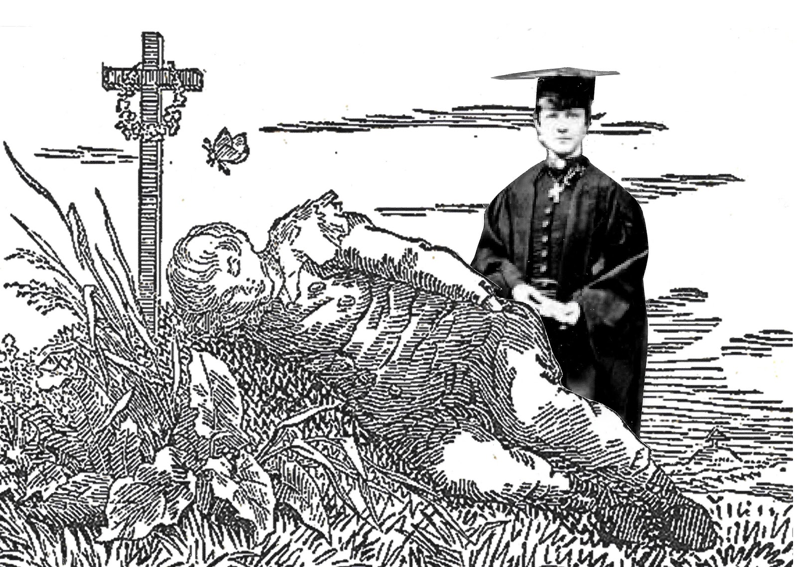 Political activist Bella Guerin wearing her academic regalia kneels next to a boy sleeping on a grave.