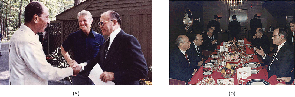 Image A is of Jimmy Carter shaking hands with Anwar El Sadat, with Menachem Begin standing beside them. Image B is of a dinner party with several seated people, including George H. W. Bush and Mikhail Gorbachev.