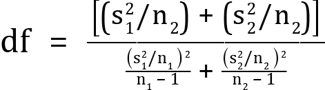 <mml:math xmlns:mml="http://www.w3.org/1998/Math/MathML" xmlns:m="http://schemas.openxmlformats.org/officeDocument/2006/math" display="block"><mml:mi mathvariant="normal">d</mml:mi><mml:mi mathvariant="normal">f</mml:mi><mml:mo>=</mml:mo><mml:mfrac><mml:mrow><mml:mfenced open="[" close="]" separators="|"><mml:mrow><mml:mfenced separators="|"><mml:mrow><mml:mrow><mml:mrow><mml:msubsup><mml:mrow><mml:mi mathvariant="normal">s</mml:mi></mml:mrow><mml:mrow><mml:mn>1</mml:mn></mml:mrow><mml:mrow><mml:mn>2</mml:mn></mml:mrow></mml:msubsup></mml:mrow><mml:mo>/</mml:mo><mml:mrow><mml:msub><mml:mrow><mml:mi mathvariant="normal">n</mml:mi></mml:mrow><mml:mrow><mml:mn>2</mml:mn></mml:mrow></mml:msub></mml:mrow></mml:mrow></mml:mrow></mml:mfenced><mml:mo>+</mml:mo><mml:mfenced separators="|"><mml:mrow><mml:mrow><mml:mrow><mml:msubsup><mml:mrow><mml:mi mathvariant="normal">s</mml:mi></mml:mrow><mml:mrow><mml:mn>2</mml:mn></mml:mrow><mml:mrow><mml:mn>2</mml:mn></mml:mrow></mml:msubsup></mml:mrow><mml:mo>/</mml:mo><mml:mrow><mml:msub><mml:mrow><mml:mi mathvariant="normal">n</mml:mi></mml:mrow><mml:mrow><mml:mn>2</mml:mn></mml:mrow></mml:msub></mml:mrow></mml:mrow></mml:mrow></mml:mfenced></mml:mrow></mml:mfenced></mml:mrow><mml:mrow><mml:mfrac><mml:mrow><mml:mo>(</mml:mo><mml:mrow><mml:mrow><mml:msubsup><mml:mrow><mml:mi mathvariant="normal">s</mml:mi></mml:mrow><mml:mrow><mml:mn>1</mml:mn></mml:mrow><mml:mrow><mml:mn>2</mml:mn></mml:mrow></mml:msubsup></mml:mrow><mml:mo>/</mml:mo><mml:mrow><mml:msub><mml:mrow><mml:mi mathvariant="normal">n</mml:mi></mml:mrow><mml:mrow><mml:mn>1</mml:mn></mml:mrow></mml:msub></mml:mrow></mml:mrow><mml:msup><mml:mrow><mml:mo>)</mml:mo></mml:mrow><mml:mrow><mml:mn>2</mml:mn></mml:mrow></mml:msup></mml:mrow><mml:mrow><mml:msub><mml:mrow><mml:mi mathvariant="normal">n</mml:mi></mml:mrow><mml:mrow><mml:mn>1</mml:mn></mml:mrow></mml:msub><mml:mo>-</mml:mo><mml:mn>1</mml:mn></mml:mrow></mml:mfrac><mml:mo>+</mml:mo><mml:mfrac><mml:mrow><mml:mo>(</mml:mo><mml:mrow><mml:mrow><mml:msubsup><mml:mrow><mml:mi mathvariant="normal">s</mml:mi></mml:mrow><mml:mrow><mml:mn>2</mml:mn></mml:mrow><mml:mrow><mml:mn>2</mml:mn></mml:mrow></mml:msubsup></mml:mrow><mml:mo>/</mml:mo><mml:mrow><mml:msub><mml:mrow><mml:mi mathvariant="normal">n</mml:mi></mml:mrow><mml:mrow><mml:mn>2</mml:mn></mml:mrow></mml:msub></mml:mrow></mml:mrow><mml:msup><mml:mrow><mml:mo>)</mml:mo></mml:mrow><mml:mrow><mml:mn>2</mml:mn></mml:mrow></mml:msup></mml:mrow><mml:mrow><mml:msub><mml:mrow><mml:mi mathvariant="normal">n</mml:mi></mml:mrow><mml:mrow><mml:mn>2</mml:mn></mml:mrow></mml:msub><mml:mo>-</mml:mo><mml:mn>1</mml:mn></mml:mrow></mml:mfrac></mml:mrow></mml:mfrac></mml:math>