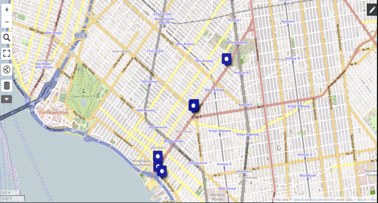 A map of southwest Brooklyn with 6 blue markers on the map identifying areas the student chose to do their final research project on. The markers are along Bay Parkway, in Brooklyn, NYC. 