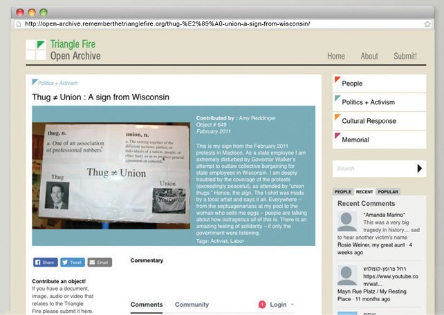 A screenshot from the Triangle Fire Open Archive website shows a black and white sign that reads Thug ≠ Union, beneath dictionary definitions of these two terms.