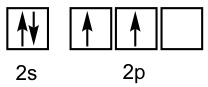 The 2s is a filled orbital, & the 2p has two orbitals half filled and one empty