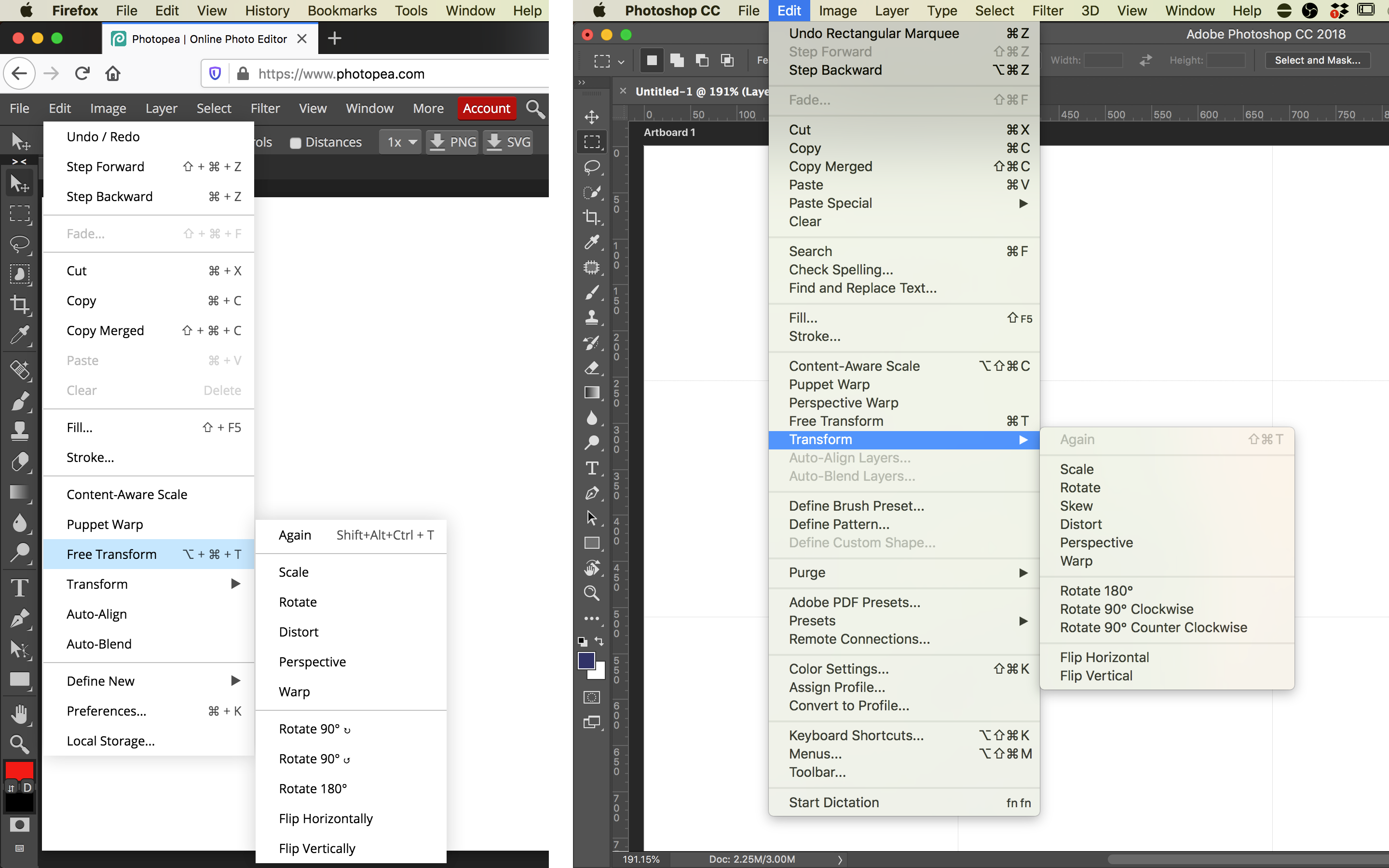 Two side-by-side screenshots of the Photopea and Adobe Photoshop user interfaces, with the mouse cursor hovering over the Transform menu item in the Edit menu; the Transform sub menu is almost identical in both screenshots.
