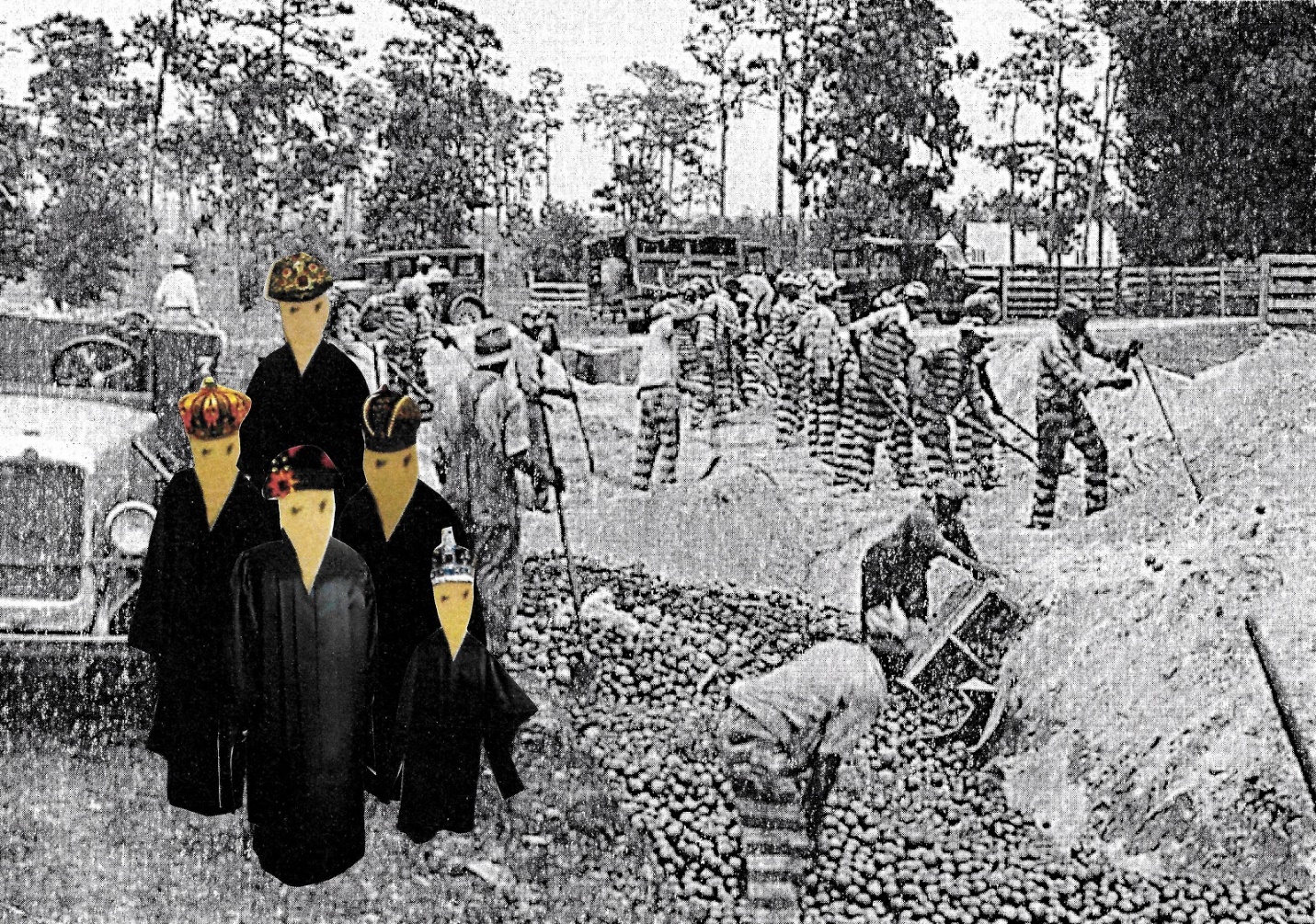 Administrators with identical, elongated faces watch convict labors from a Florida prison work at hard labor.