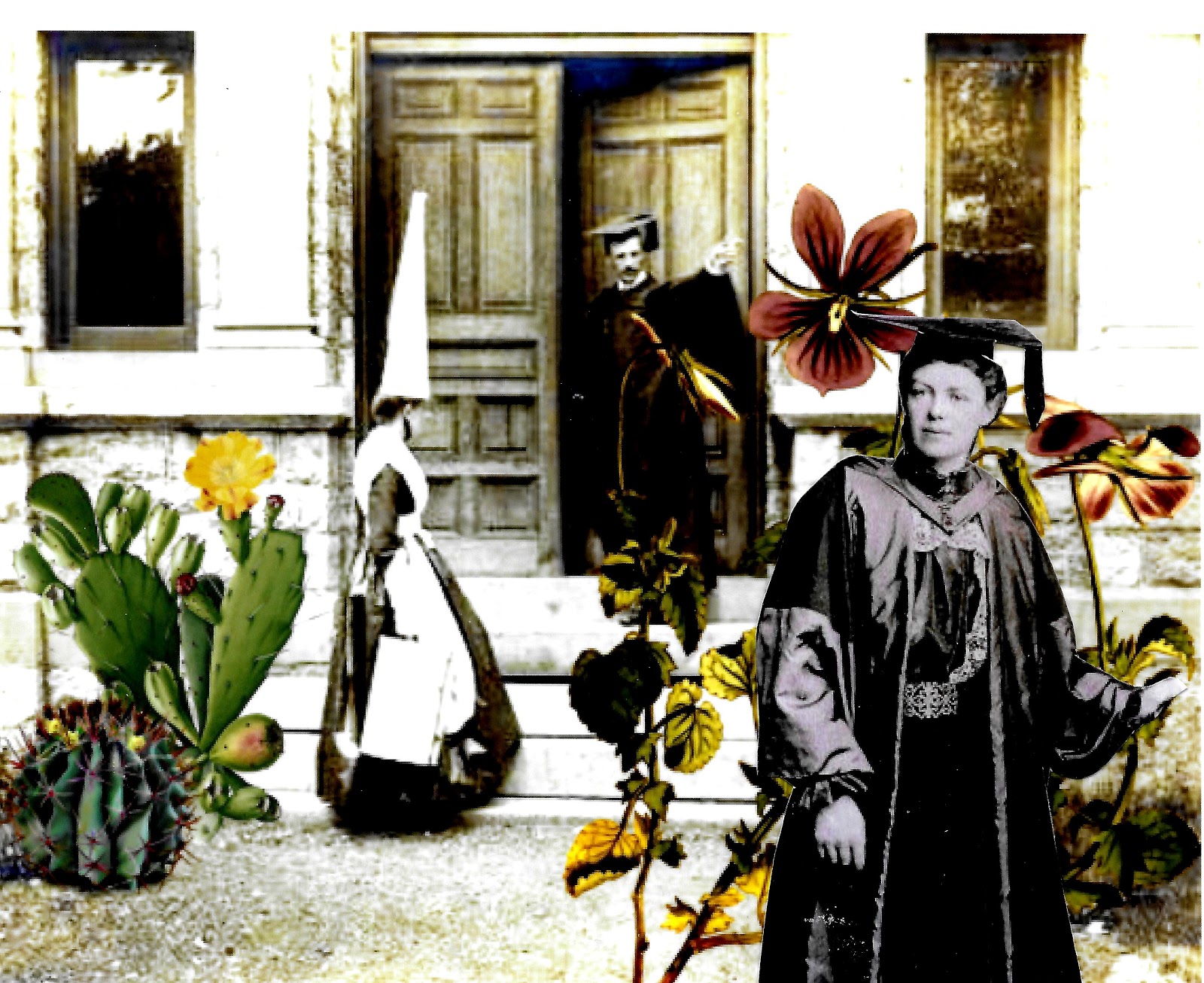 Professor talks to female student wearing dunce cap. Dr. Emily Dickson who graduated in 1801 is shown next to violets.