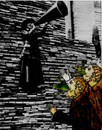 A librarian with a megaphone stands on a stack of books while two false prophets with frogs coming out of their mouths. 