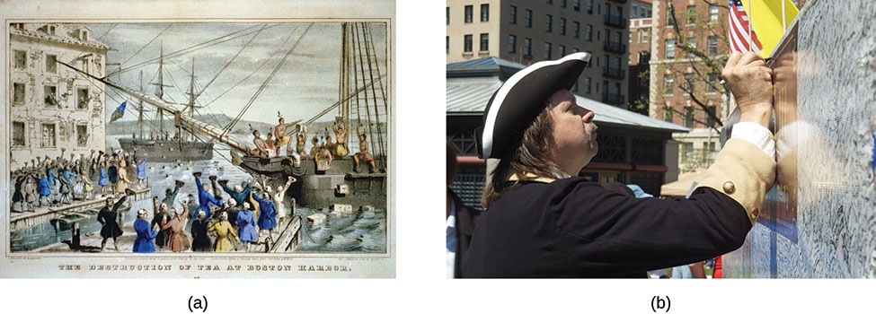 This newspaper page shows a drawing of a scene from the Boston Massacre.  There is a also a color photo of a man wearing a colonial costume