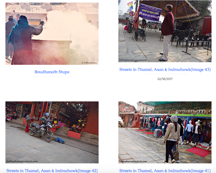 Figure 2: The image depicts the landing page of our digital archive. Four pictures of the streets in Kathmandu are positioned in block format and labeled, Boudhanath Stupa," and "Streets in Thamel, Asan, & Indrachowk."