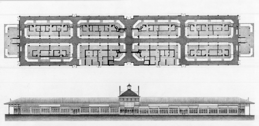 Floor plan and elevation drawing of renovated market building. Two views shown, one aerial and one from the side.