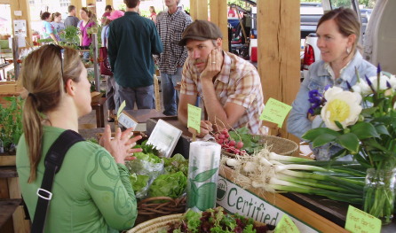 Market patron talks with farmers Bert Webster and Gwynn Hamilton. Leafy produce is on the counter.
