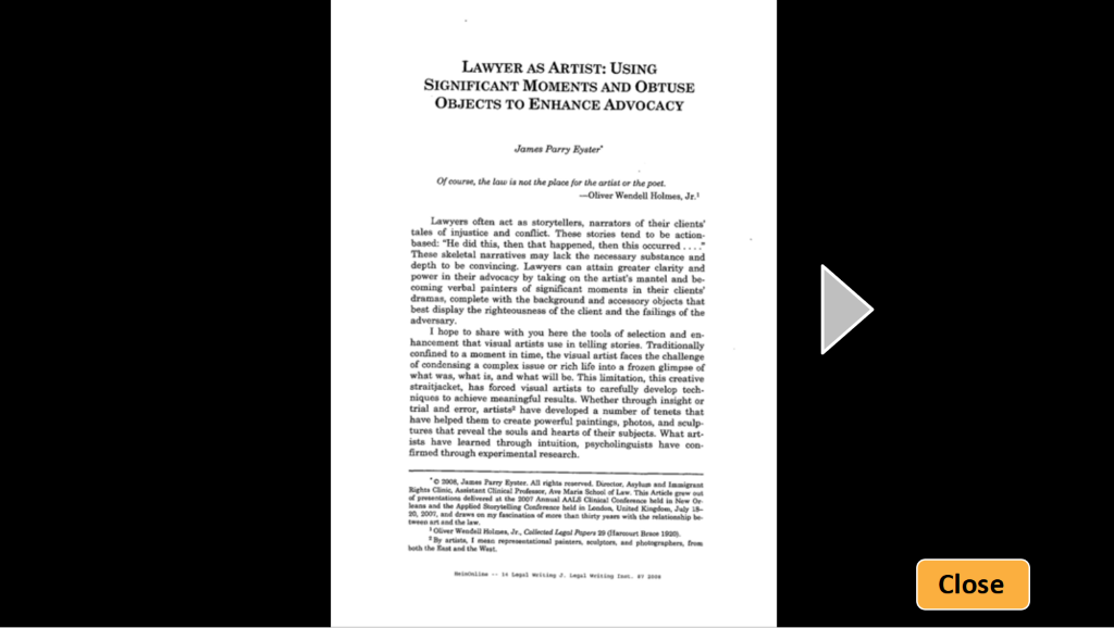 A page from the reading. It is entitled “Lawyer as Artist: Using Significant Moments and Obtuse Objects to Enhance Advocacy”.
