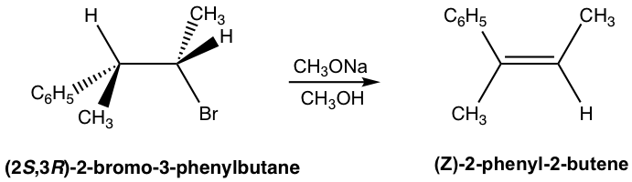 (2S, 3R)-2-bromo-3-phenylbutane in the presence of CH3ONa/CH3OH produces (z)-2-phenyl-2-butene