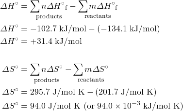 \begin{align*} \Delta H^{\circ}&=\underset{\text{products}}{\sum n\Delta H^{\circ}{}_{\text{f}}}-\underset{\text{reactants}}{\sum m\Delta H^{\circ}{}_{\text{f}}} \\ \Delta H^{\circ}&=-102.7\text{ kJ/mol}-(-134.1\text{ kJ/mol}) \\ \Delta H^{\circ}&=+31.4\text{ kJ/mol} \\ \\ \Delta S^{\circ}&= \underset{\text{products}}{\sum n\Delta S^{\circ}}-\underset{\text{reactants}}{\sum m\Delta S^{\circ}} \\ \Delta S^{\circ}&=295.7\text{ J/mol K}-(201.7\text{ J/mol K}) \\ \Delta S^{\circ}&=94.0\text{ J/mol K (or }94.0\times 10^{-3}\text{ kJ/mol K)} \end{align*}