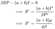 \begin{align} \beta SP-(\alpha+b)I&=0\\ \implies S^*&=\frac{(\alpha+b)I^*}{\beta P^*}\\ \implies S^*&=\frac{(\alpha+b)\mu}{\phi\beta}. \end{align}