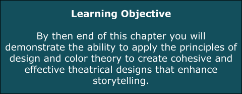 Blue box with white text reading Learning Objective By then end of this chapter you will be able to recognize and utilize the elements and principles of design in and for theatrical production.