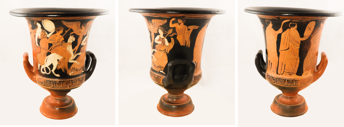Three images depicting the Calyx krater displayed at three rotated angles