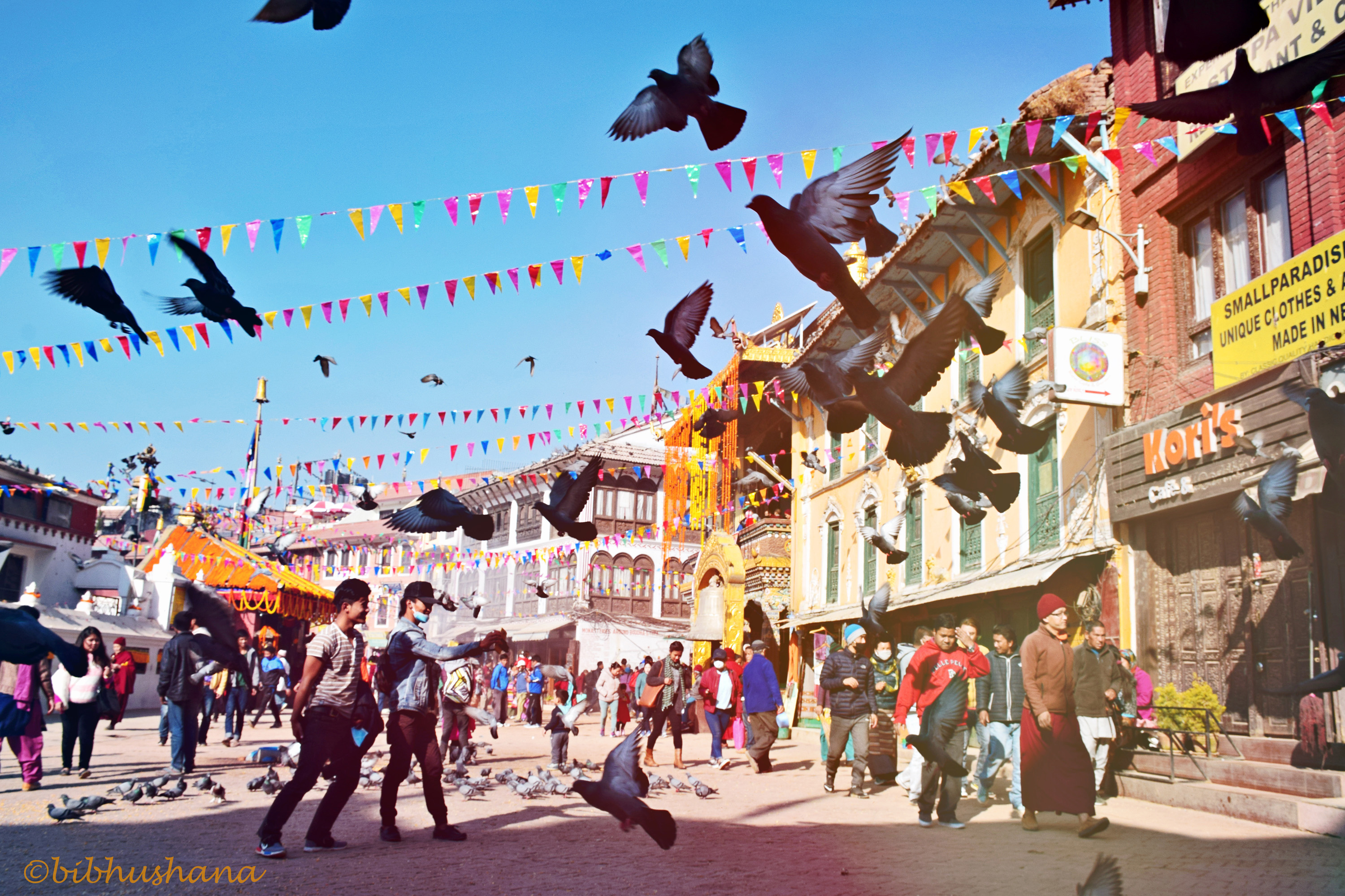 Image depicts the streets of Kathmandu, Nepal. People walk in various directions as birds fly overhead. Pigeons, strollers, and passersby surround Boudhanath Stupa in the morning.