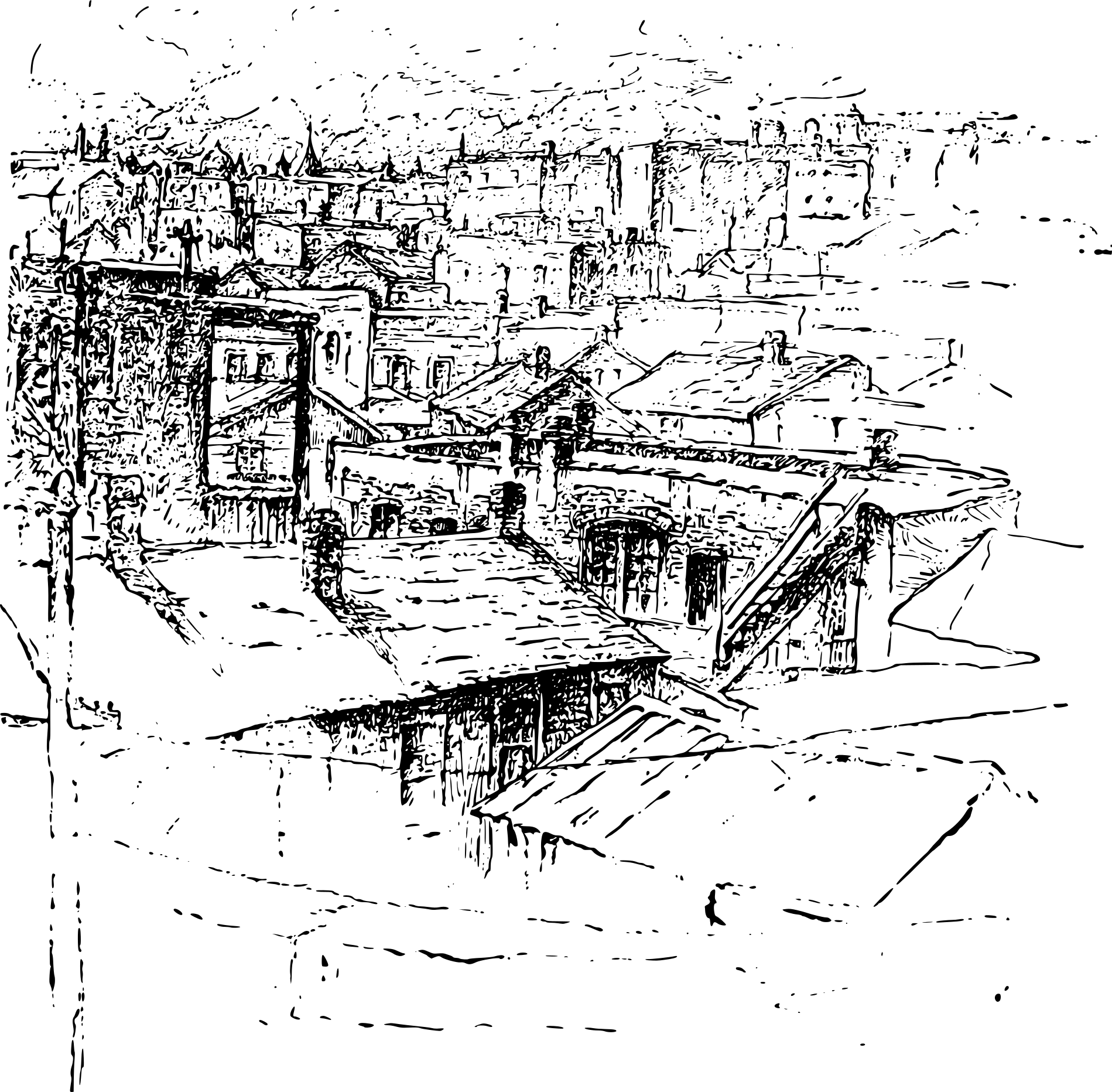 An illustration of urban rooftops.