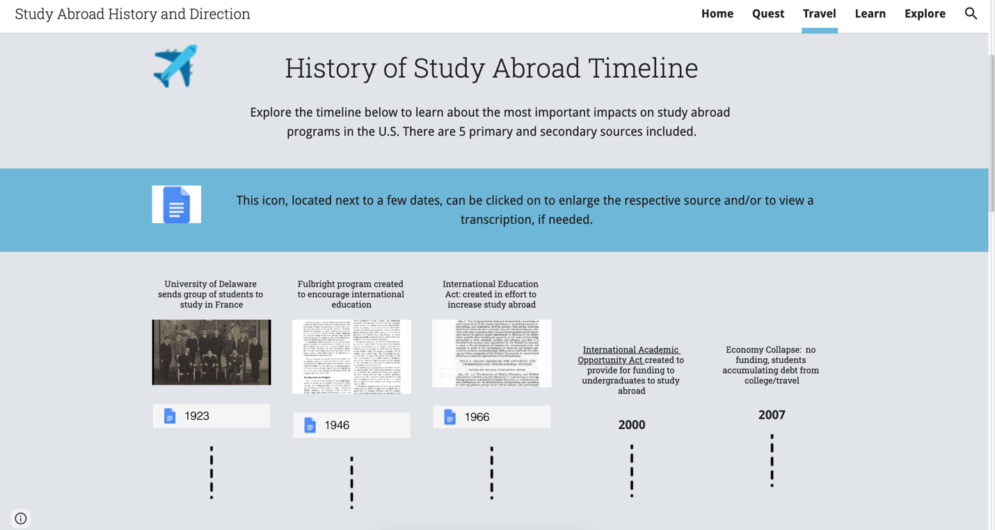 A timeline of the History of Study Abroad showing different dates and corresponding primary sources associated with each date.