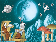 Medieval students sitting on the moon are being taught by their professor. The earth is in the sky above them.