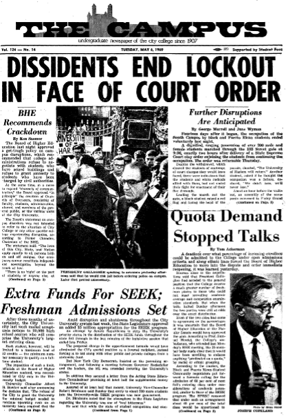 Full front page of student newspaper with large headline in all caps, Dissidents End Lockout in Face of Court Order.