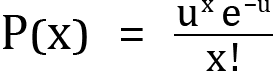 <mml:math xmlns:mml="http://www.w3.org/1998/Math/MathML" xmlns:m="http://schemas.openxmlformats.org/officeDocument/2006/math" display="block"><mml:mi mathvariant="normal">P</mml:mi><mml:mfenced separators="|"><mml:mrow><mml:mi mathvariant="normal">x</mml:mi></mml:mrow></mml:mfenced><mml:mo>=</mml:mo><mml:mfrac><mml:mrow><mml:msup><mml:mrow><mml:mi mathvariant="normal">u</mml:mi></mml:mrow><mml:mrow><mml:mi mathvariant="normal">x</mml:mi></mml:mrow></mml:msup><mml:msup><mml:mrow><mml:mi mathvariant="normal">e</mml:mi></mml:mrow><mml:mrow><mml:mo>-</mml:mo><mml:mi mathvariant="normal">u</mml:mi></mml:mrow></mml:msup></mml:mrow><mml:mrow><mml:mi mathvariant="normal">x</mml:mi><mml:mo>!</mml:mo></mml:mrow></mml:mfrac></mml:math>